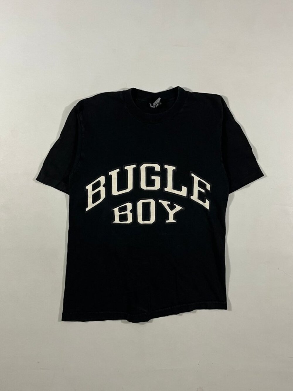 Vintage 90s Bugle Boy Athletics Faded Black Arched Spellout Varsity Tee